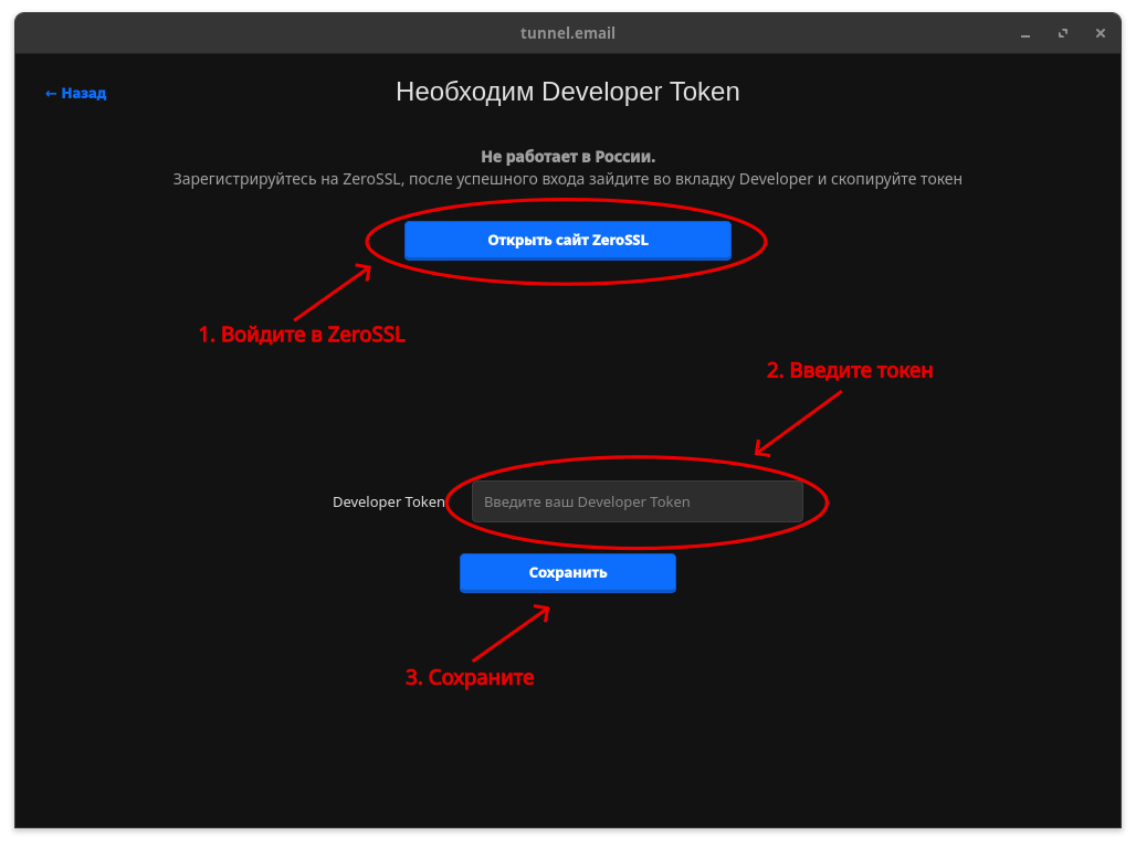 Ввод токена ZeroSSL